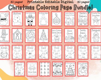 May include: A black and white printable coloring page bundle featuring 30 different Christmas themed images. The images include Santa Claus, reindeer, snowmen, gingerbread houses, and more. The pages are perfect for kids of all ages to color and enjoy.