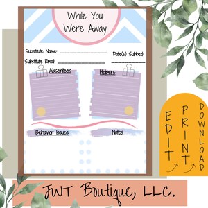 Puede incluir: Una página de planificador imprimible titulada "While You Were Away". Incluye secciones para información del sustituto, ausentes, ayudantes, problemas de comportamiento y notas. El diseño presenta colores pastel y elementos decorativos.