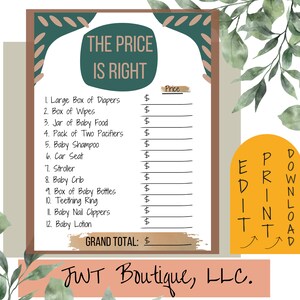 Baby shower game, guessing game baby shower, boho baby shower, the price is right game, modern shower game, hippie baby shower, party games