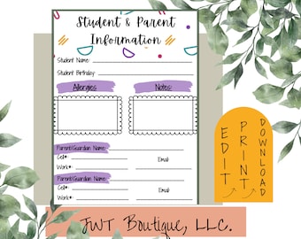 May include: Printable student and parent information form with colorful geometric shapes and text. The form includes sections for student name, birthday, allergies, notes, parent/guardian name, cell phone number, work phone number, and email address.