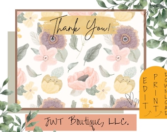 Printable baby shower thank you cards, vintage floral thank you cards, boho thank you card, editable thank you card, digital thank you cards