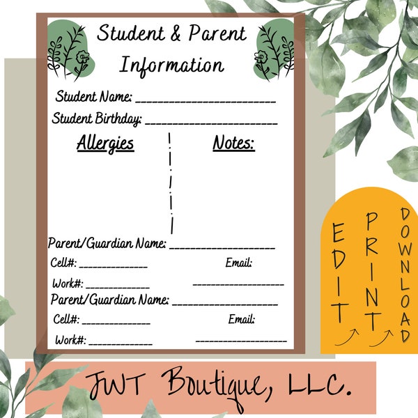 Student parent contact information form, information template, sign in sheet, printable form, form template, student back to school form