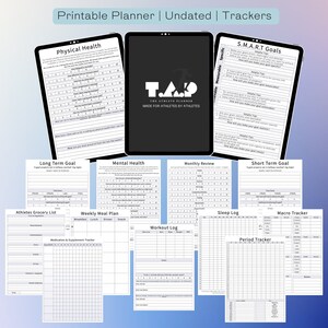 Peut inclure: Un planificateur imprimable pour les athlètes avec des sections pour la santé physique, la santé mentale, les objectifs à long terme, les objectifs à court terme, l'examen mensuel, le plan de repas hebdomadaire, le journal d'entraînement, le journal du sommeil, le suivi des macros, le suivi des règles, le suivi des médicaments et des suppléments, et la liste d'épicerie des athlètes. Le planificateur a un design noir et blanc avec des accents bleus.