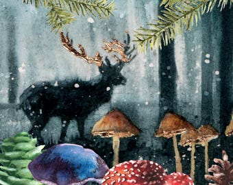 Wenskaart bos hert, kaart magisch bos, aquarel illustratie hert, paddestoelkunst, 6 x 6 vierkant