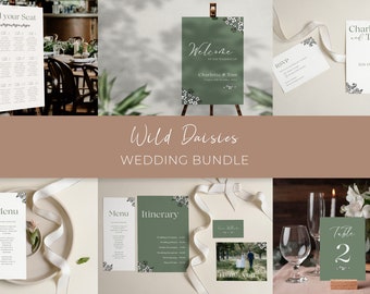Wild Green Daisy Wedding BUNDLE, Wedding Invitation Save the date, Wedding Template, Instant Download