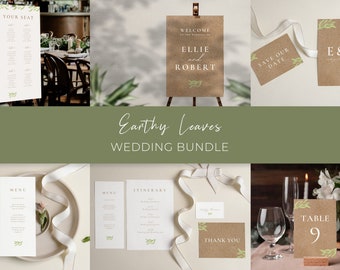 Earthy Leaves Wedding, BUNDLE, Wedding Invitation Save the date, Wedding Template, Instant Download