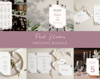 Pink Flower Wedding BUNDLE, Wedding Invitation Save the date, Wedding Template, Instant Download