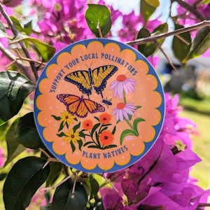 Sticker lokale bestuivers steunen – inheemse planten milieuvriendelijke vinylsticker voor tuiniers, natuurliefhebbers en duurzaam leven