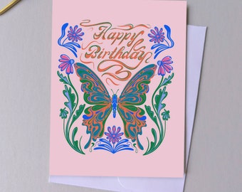 Retro Pink Butterfly Birthday Card A2 Card, Blank on the inside