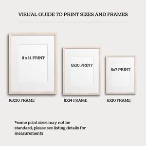 Op de afbeelding: Een visuele gids voor afdrukformaten en frames, met drie verschillende frameformaten met bijbehorende afdrukformaten. Het grootste frame is 16x20 inch, het middelste frame is 11x14 inch en het kleinste frame is 8x10 inch. De tekst "Sommige afdrukformaten zijn mogelijk niet standaard, raadpleeg de details van de lijst voor de afmetingen" staat onderaan de afbeelding.