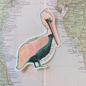 Retro Pelikan Aufkleber Ormond Beach Florida Vinyl Aufkleber Vintage Küstenvogel Kunst Strandstadt ästhetisches wasserdichtes Auto Laptop Aufkleber