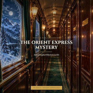 Puede incluir: Un kit digital de scrapbooking y diario creativo titulado The Orient Express Mystery, que muestra un pasillo de tren de lujo con paneles de madera pulida, alfombra verde y una ventana con vista a un paisaje montañoso nevado bajo la luna.