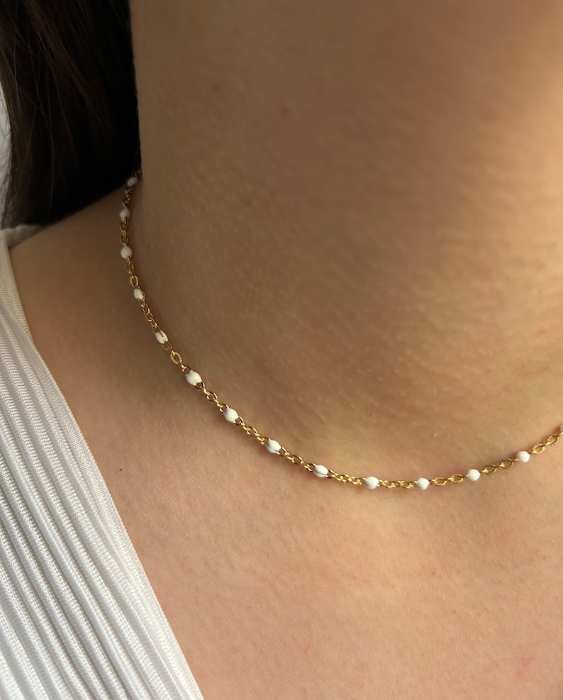 Collier chaine rosaire dorée avec perles, acier inoxydable, bijou femme, jewellery, idée cadeau, été, personnalisé image 3
