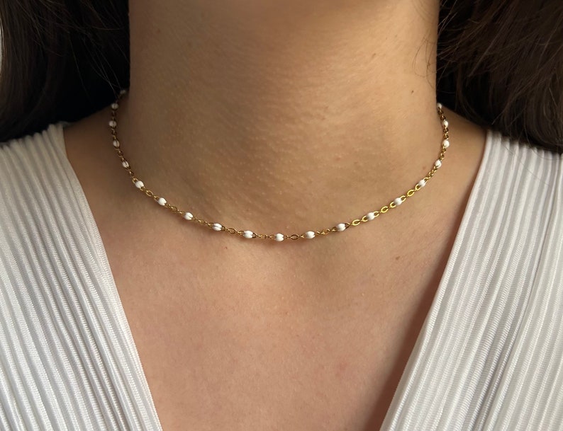 Collier chaine rosaire dorée avec perles, acier inoxydable, bijou femme, jewellery, idée cadeau, été, personnalisé image 1