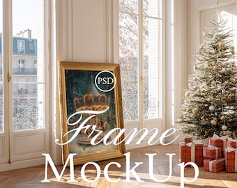 Christmas Frame Mockup, Vertical Frame Mockup, Gold Frame Mockup, 3:4 Ratio Mockup, PSD Mockup, Smart Object Mockup, Artwork Wall Mockup PSD