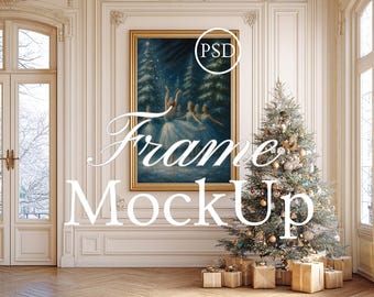 Lyxig guldram för jul, elegant väggkonst för högtider, smart objekt-mockup, PSD-mockup för tavelram, mall för ram med 3:4-förhållande