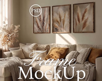 Mockup med 3 ramar, inredningsmodell, set om tre, neutral vardagsrumsrammodell, Photoshop Smart Object JPG PSD vertikal träram