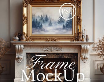 Horizontal Frame Mockup, Gold Ornate Frame, Gold Frame Mockup, Smart Object Photoshop PSD JPG, Wall Art Display, Horizontal Fireplace Mockup