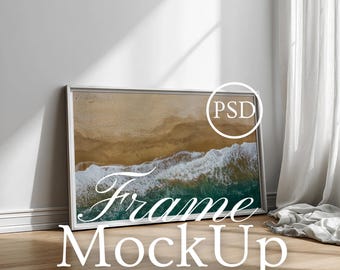 White Frame Horizontal Mockup, Frame On Floor Mockup, Smart Object Photoshop PSD JPG Wall Art Display, Poster Mockup, Horizontal Frame PSD