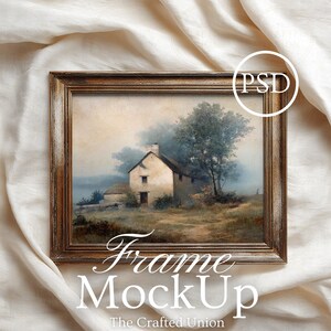 4x3 Ratio Horizontal Frame, Rustic Frame Mockup, Vintage Frame Mockup, Flat Lay On Fabric Smart Object Photoshop PSD JPG, Gallery Art Mockup