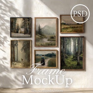 May include: A collection of framed landscape art prints. The prints feature scenes of forests, mountains, and a cabin in a snowy forest. The frames are a warm brown color. The text "Frame MockUp" and "The Crafted Union" are visible.