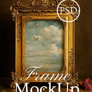 May include: Ornate gold frame mockup with a painting of birds in flight against a cloudy sky. The frame has intricate detailing and the text "Frame MockUp" is displayed in white script. The text "The Crafted Union" is also visible.
