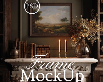 Dark Academia Frame Mockup, Horizontal Frame Mockup, Wall Art Display Frame Mockup, Gallery Art Mockup, Photoshop Smart Object JPG PSD Frame