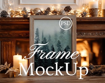 Högtidsmockup för ram, julrammockup, trärammockup, smart objektmockup JPG PSD Photoshop-mockup för bildram, 3:4-förhållandemockup
