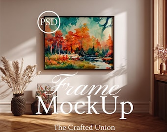 Black Frame Landscape Mockup, Living Room Mockup, Smart Object Photoshop PSD JPG Wall Art Display, Interior Decor Wall Art Frame Mockup