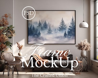Black Frame Landscape Mockup, Living Room Mockup, Smart Object Photoshop PSD JPG Wall Art Display, Horizontal Frame Mockup