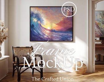 Black Frame Landscape Mockup, Boho Living Room (PSD & JPG)
