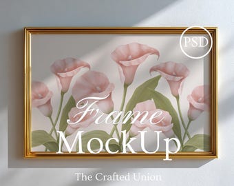 Landscape Frame Mockup, Simple Minimalistic PSD, Gold Frame Mockup, Smart Object Photoshop PSD JPG, Wall Art Display, Minimal Gold Frame
