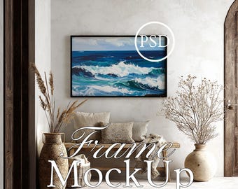 Black Frame Horizontal Mockup, Horizontal Frame Mockup Smart Object Photoshop PSD JPG Wall Art Display, Interior Decor Wall Art Frame Mockup