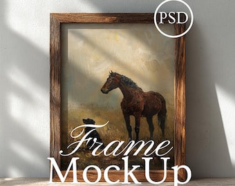 Dark Rustic Wood Frame, Leaning Frame On Wall, Wooden Frame Mockup Vertical Mockup 3:4 Ratio Photoshop Smart Object JPG PSD Minimalistic PSD