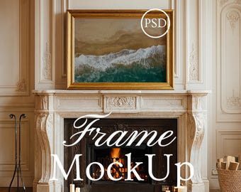 Landscape Frame Mockup, Mantel Scene Mockup, Gold Frame Mockup, Smart Object Photoshop PSD JPG, Wall Art Display, Landscape Fireplace Mockup