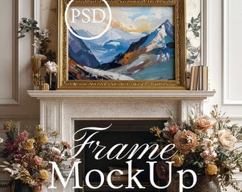 Horizontal Frame Mockup, Gold Ornate Frame, Gold Frame Mockup, Smart Object Photoshop PSD JPG, Wall Art Display, Horizontal Fireplace Mockup