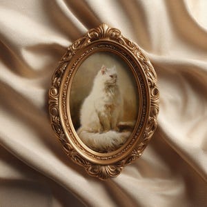 Pu&ograve; includere: Una cornice ovale dorata e ornata racchiude un dipinto di un gatto bianco. Il gatto &egrave; seduto, con la sua coda soffice arrotolata attorno al corpo. Lo sfondo &egrave; di un colore neutro e morbido. La cornice &egrave; posta su un tessuto beige drappeggiato.