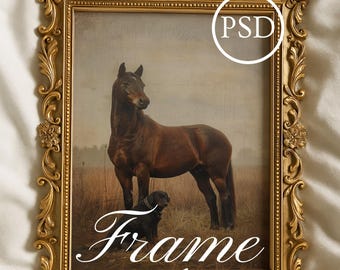 May include: Ornate gold frame mockup with a vintage painting of a brown horse and a black dog. The frame has detailed floral and scrollwork designs. The words "Frame MockUp" are displayed in white script.