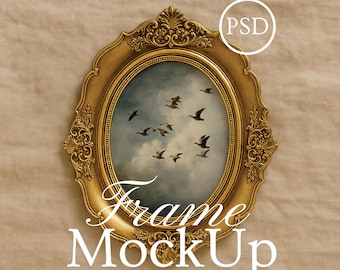 Mockup di cornice ovale, cornice ovale, espositore decorativo da parete, mockup di oggetti avanzati in Photoshop JPG PSD, sfondo in tessuto PSD, cornice antica vintage