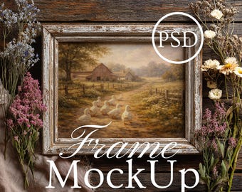 Rustic Farmhouse Wooden Frame Mockup, Horizontal Frame Mockup, Smart Object Photoshop PSD JPG, Mockup Frame Horizontal, Distressed Frame