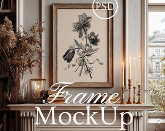 Mockup di cornice rustica, mockup di cornice in legno, Light Academia, mockup di decorazione murale rustica neutra, mockup di mensola del camino JPG PSD di Smart Object