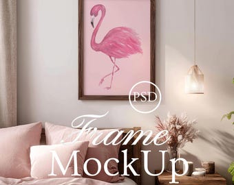 Modern Rustic Frame Mockup, Bedroom Art Mockup, Wooden Frame Mockup Vertical, Photoshop Smart Object JPG PSD, Dark Wood Frame, Cozy Bedroom