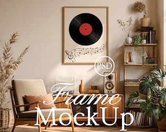 Living Room Mockup, Vertical Poster Frame Mockup, Photoshop Smart Object JPG PSD, Wood Frame Mockup, Wall Art Display Mockup, Poster Mockup