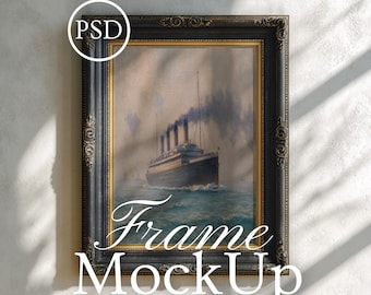 Svart och guldfärgad träram, mörk träram, vertikal mockupram, väggkonstdisplay, gallerikonstmockup, smart objekt JPG PSD 4x5-format
