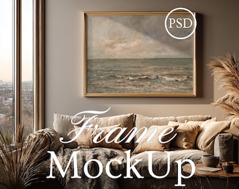 Gold Landscape Mockup, Living Room Mockup, Gold Frame Mockup, Smart Object Photoshop PSD JPG, Wall Art Display, Cozy Living Room Mockup