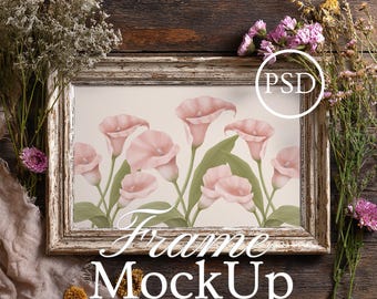 Rustic Farmhouse Wooden Frame Mockup, Landscape Frame Mockup, Smart Object Photoshop PSD JPG, Wall Art Display, Distressed Wooden Frame PSD