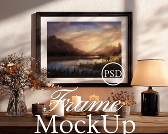 Dark Wooden Frame Mockup, Landscape Frame Mockup, Smart Object Photoshop PSD JPG, Wall Art Display, Gallery Art Display Mockup Landscape Art