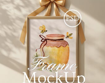 Gold Frame with Bow Wall Mockup, Minimalist Mockup, Smart Object PSD JPG Template, Vertical Poster Mockup, 3:4 Ratio, Art Display Photoshop
