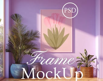 May include: A framed art print featuring pink tulip illustrations hangs on a lavender wall. The scene includes potted plants, a wooden floor, and the text "Frame MockUp" and "The Crafted Union". A "PSD" logo is in the upper right corner.