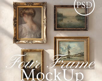 Set med 4 vintagerammodeller, guldrammodell, elegant guldrammodell, mockup 4:5-paket, Photoshop Smart Object JPG PSD Fine Art